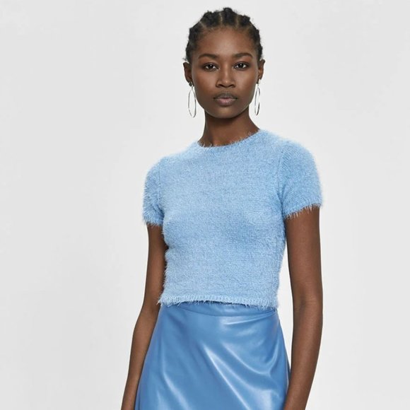 Stelen Tops - Need Supply Powder Blue Y2K Cropped Fuzzy Babydoll Tee